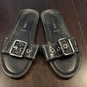 Prada Black Leather Slide Sandals